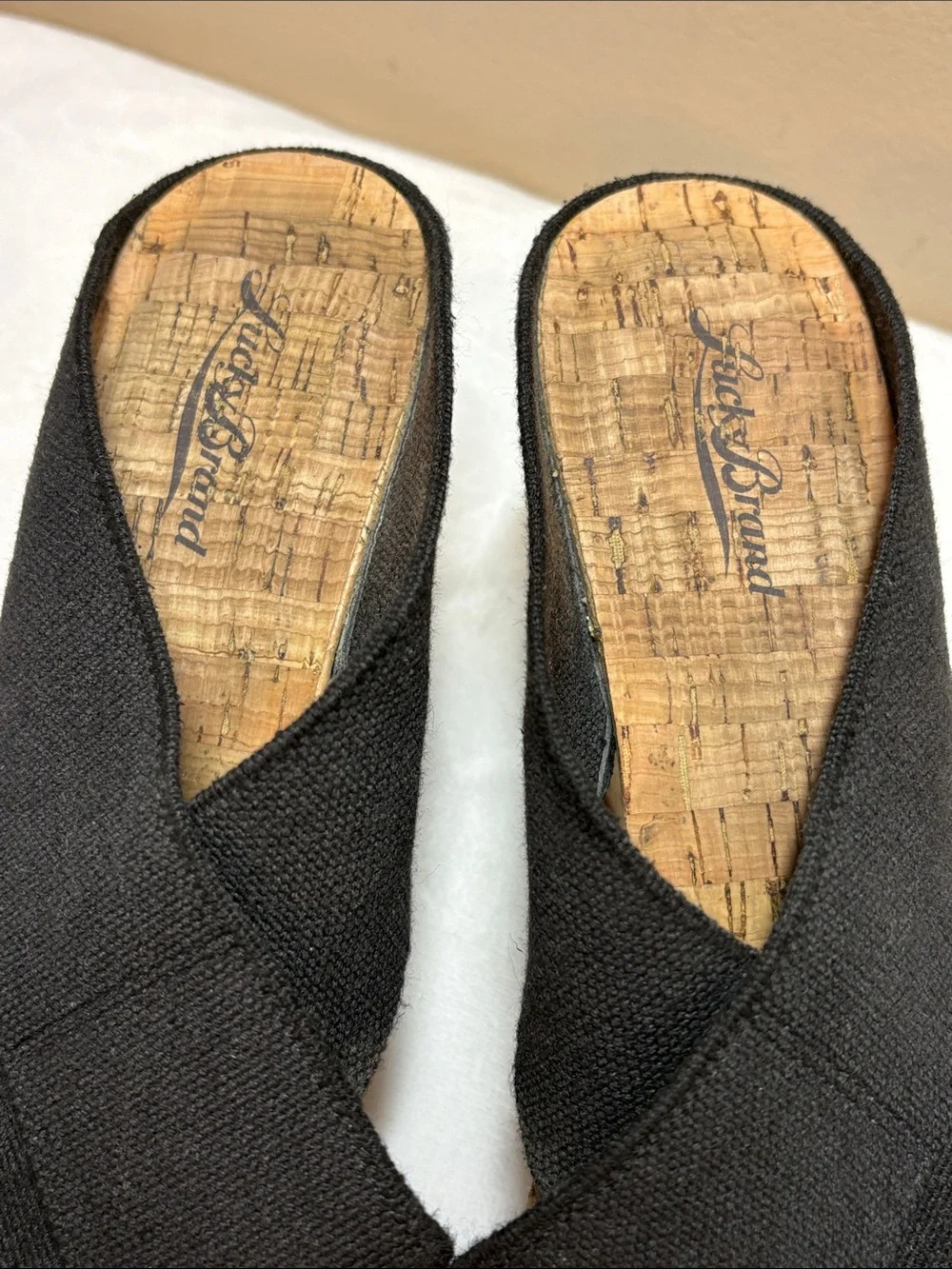 Lucky Brand Cross-Band Cork Miller Wedge Slide Sandals in Black, 9